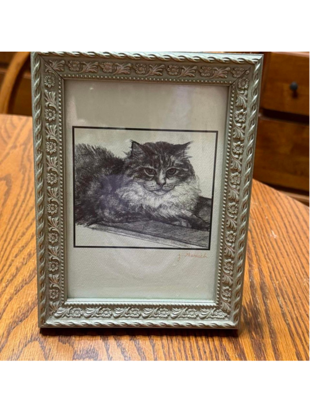 Vintage 90s framed drawing of a long haired cat.